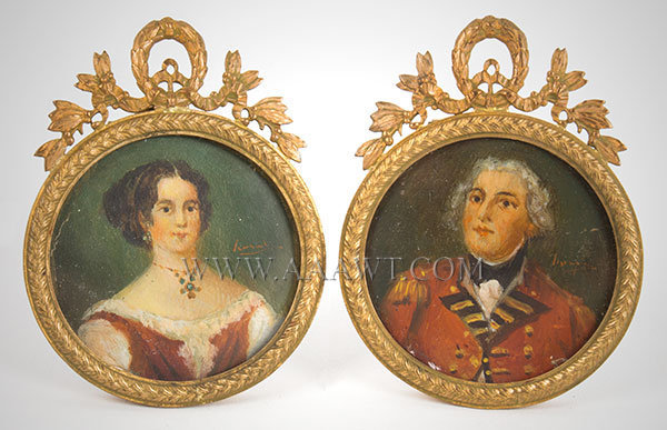 Portraits, Miniature, Pair, British Officer and Wife, Oil on Paper on Jute Backing
Anonymous, Illegibly Signed, 18th Century, entire view
